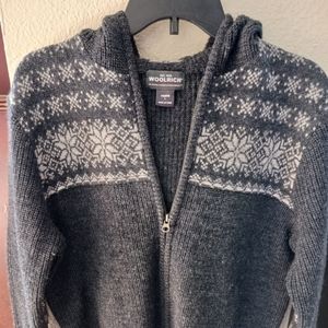 Woolrich wool snowflake Icelandic sweater wool sz L zip front hood